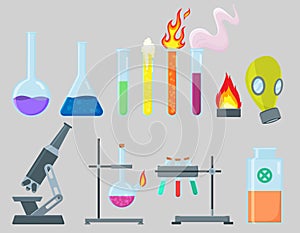 Chemical Experiment Laboratory Equipment Set. Glass Flasks, Microscope, Tube, Beaker, Flask, Gas Mask. Equipment and