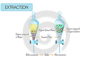 Chemical extraction of organic compound from water solution to organic solvent diagram. photo