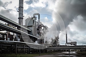 chemical factory, with smoke billowing from the chimneys and workers on the production line