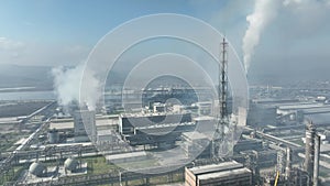 Chemical factory with smoke. Industrial power plant with smokestack