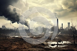Chemical factory with smoke stack. Emission from pipes. Ecology and environmental protection problems, air pollution.