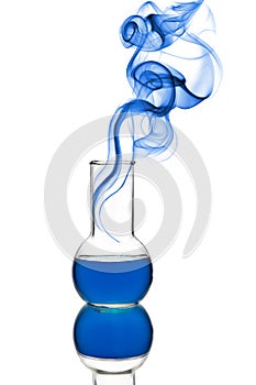 Chemical flask with blue liquid and smoke isolated