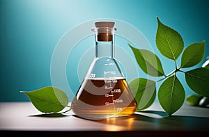 Chemical flask with oil surrounded by green leaves.