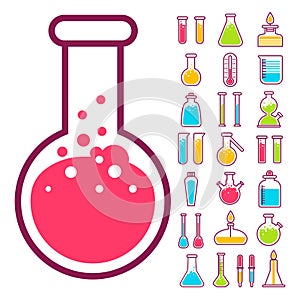 Chemical flasks and beakers isolated icons, lab equipment