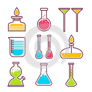 Chemical flasks chemistry science laboratory equipment isolated objects