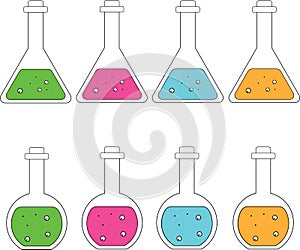 Chemical flasks with color solutions, round and triangular.