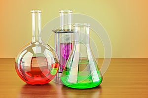 Chemical flasks with colored liquid on the wooden table. 3D rend