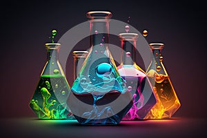 Chemical flasks with colored liquids on a black background