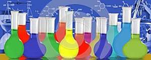 chemical flasks with colored solutions on chemical formulas background closeup