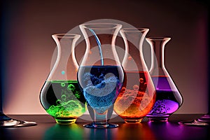 chemical flasks with colorful liquids. 3d illustration. Generative AI