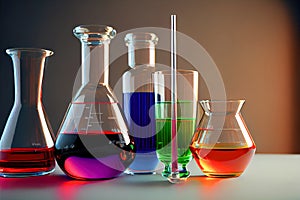 chemical flasks with colorful liquids. 3d illustration. Generative AI