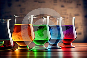 chemical flasks with colorful liquids. 3d illustration. Generative AI