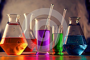 chemical flasks with colorful liquids. 3d illustration. Generative AI