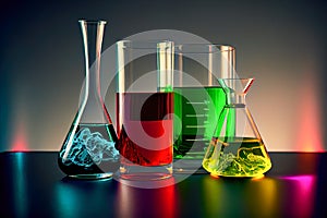 chemical flasks with colorful liquids. 3d illustration. Generative AI