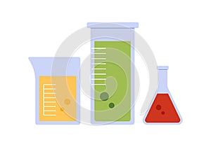 Chemical flasks of different shapes with yellow, green and red liquid