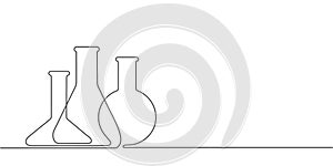 Chemical flasks.Equipment for chemic lab.One line drawing.Vector illustration