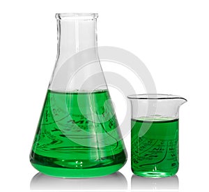 Chemical flasks with green liquid