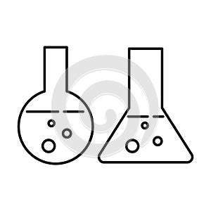 Chemical flasks icon. Biology tool. Conical and circle bottle. Science emblem. Vector illustration. Stock image.