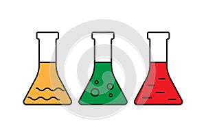 Chemical flasks icon. Conical bottle. Science emblem. Yellow, green and red elements. Vector illustration. Stock image.