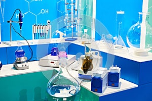 Chemical flasks with liquids and equipment lab