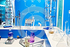 Chemical flasks with liquids and equipment lab