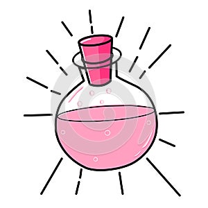 Chemical flasks with pink liquids. Valentine`s Day love spell. Romatic potion glass bottles.