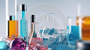 Chemical flasks with reagents. Laboratory glassware whith color liquid. Science laboratory research and development concept.