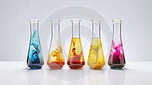 Chemical flasks with reagents. Laboratory glassware whith color liquid. Science laboratory research and development concept.