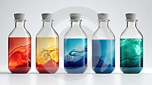 Chemical flasks with reagents. Laboratory glassware whith color liquid. Science laboratory research and development concept.
