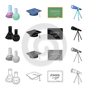 Chemical flasks, a scientist`s hat, a school board, an astronomical telescope. School and learning set collection icons