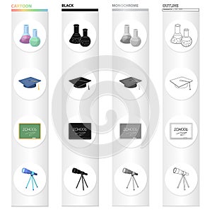 Chemical flasks, a scientist`s hat, a school board, an astronomical telescope. School and learning set collection icons