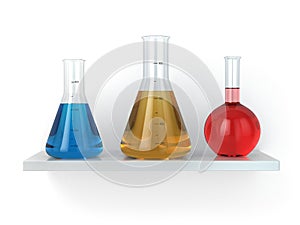 Chemical flasks on the shelf. Reagent in lab,