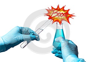 Chemical flasks and test tubes in hands, reagents and chemical experiments, explosion