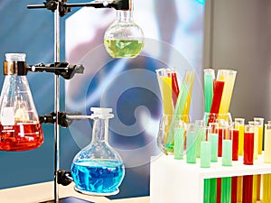 Chemical flasks and test tubes with solutions