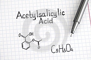 Chemical formula of Acetylsalicylic Acid with pen photo