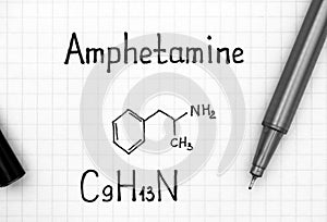 Chemical formula of Amphetamine with black pen