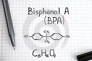 Chemical formula of Bisphenol A BPA with black pen.