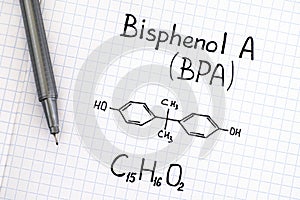 Chemical formula of Bisphenol A BPA with pen.