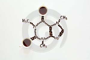 Chemical formula of Caffeine. Cups of espresso, beans and coffee powder. Art food. Top view photo