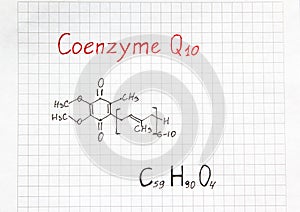 Chemical formula of Coenzyme Q10. Useful vitamin quinone for cells. Close-up.