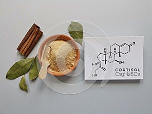 Chemical formula of cortisol with ashwagandha herbal supplements.