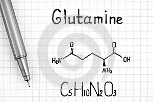 Chemical formula of Glutamine with pen photo