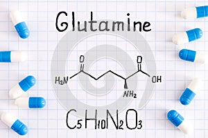 Chemical formula of Glutamine with some pills