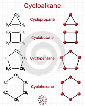 Chemical formula and molecule model cyclopropane C3H6, cyclobutane C4H8, cyclopentane C5H10, cyclohexane C6H12. Homologous series
