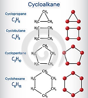 Chemical formula and molecule model cyclopropane C3H6, cyclobutane C4H8, cyclopentane C5H10, cyclohexane C6H12. Homologous series