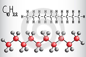 Chemical formula and molecule model of Decane C10H22