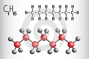 Chemical formula and molecule model of Heptane C7H16 photo