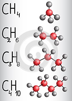 Chemical formula and molecule model methane CH4, ethane C2H4, p photo