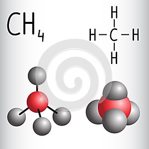 Chemical formula and molecule model of Methane CH4 photo