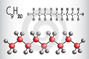 Chemical formula and molecule model of Nonane C9H20